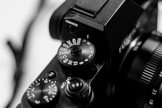 Black and white close-up of a DSLR camera dial highlighting shutter speed settings.